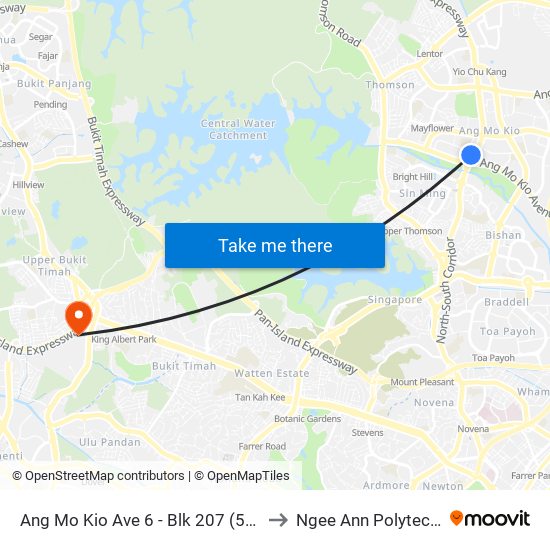 Ang Mo Kio Ave 6 - Blk 207 (54011) to Ngee Ann Polytechnic map