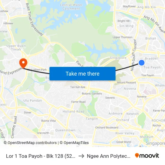 Lor 1 Toa Payoh - Blk 128 (52159) to Ngee Ann Polytechnic map