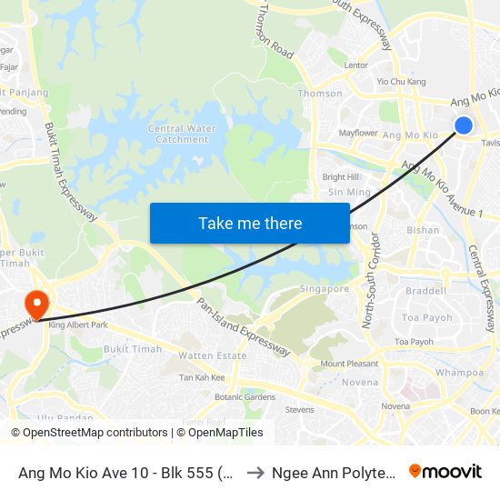 Ang Mo Kio Ave 10 - Blk 555 (54589) to Ngee Ann Polytechnic map