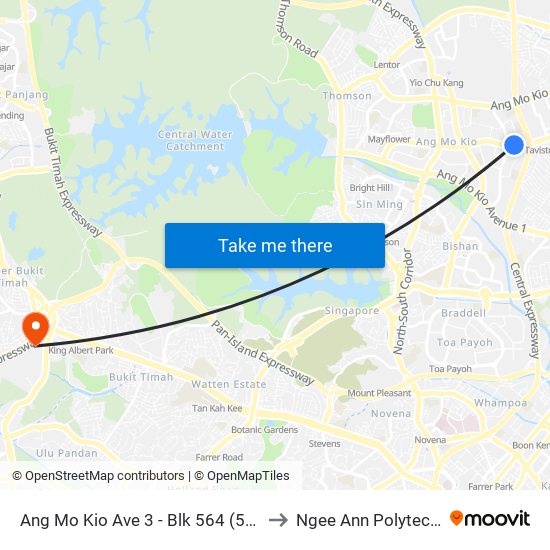 Ang Mo Kio Ave 3 - Blk 564 (54291) to Ngee Ann Polytechnic map