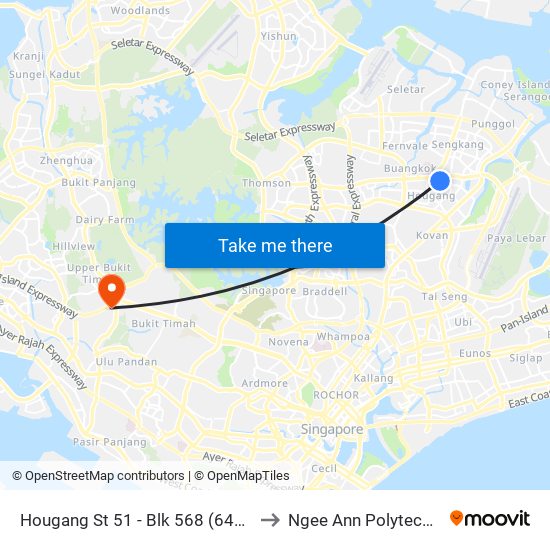 Hougang St 51 - Blk 568 (64431) to Ngee Ann Polytechnic map