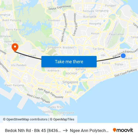 Bedok Nth Rd - Blk 45 (84369) to Ngee Ann Polytechnic map