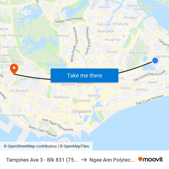 Tampines Ave 3 - Blk 831 (75081) to Ngee Ann Polytechnic map