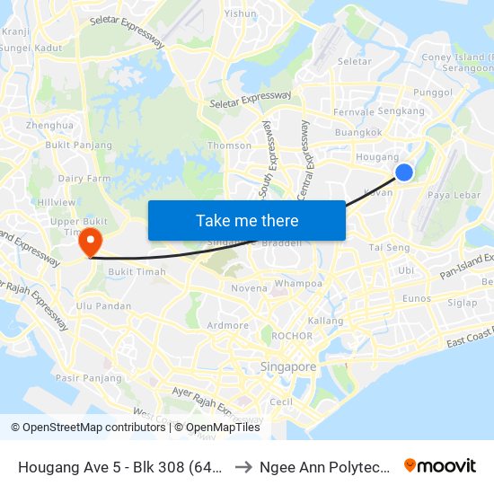 Hougang Ave 5 - Blk 308 (64241) to Ngee Ann Polytechnic map