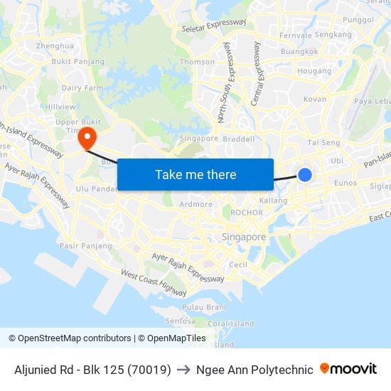 Aljunied Rd - Blk 125 (70019) to Ngee Ann Polytechnic map