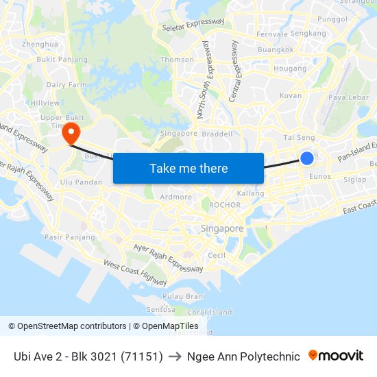 Ubi Ave 2 - Blk 3021 (71151) to Ngee Ann Polytechnic map