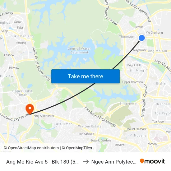Ang Mo Kio Ave 5 - Blk 180 (55111) to Ngee Ann Polytechnic map