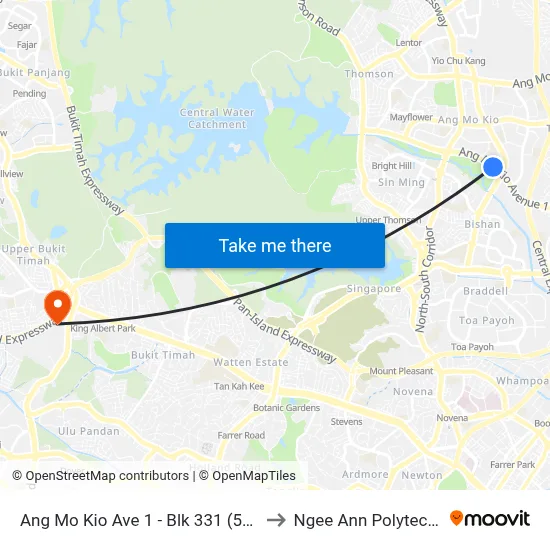 Ang Mo Kio Ave 1 - Blk 331 (54091) to Ngee Ann Polytechnic map