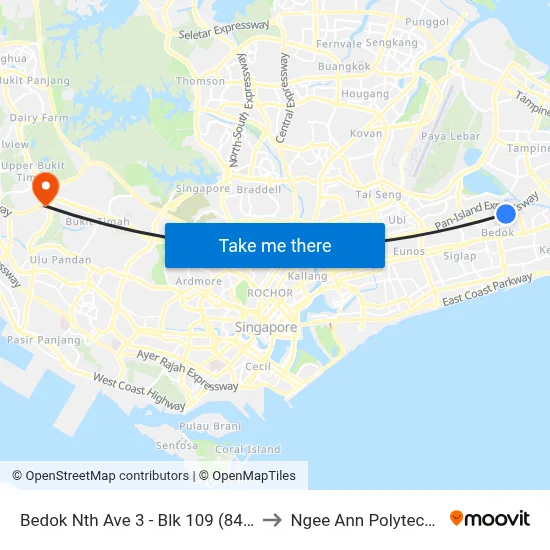 Bedok Nth Ave 3 - Blk 109 (84529) to Ngee Ann Polytechnic map