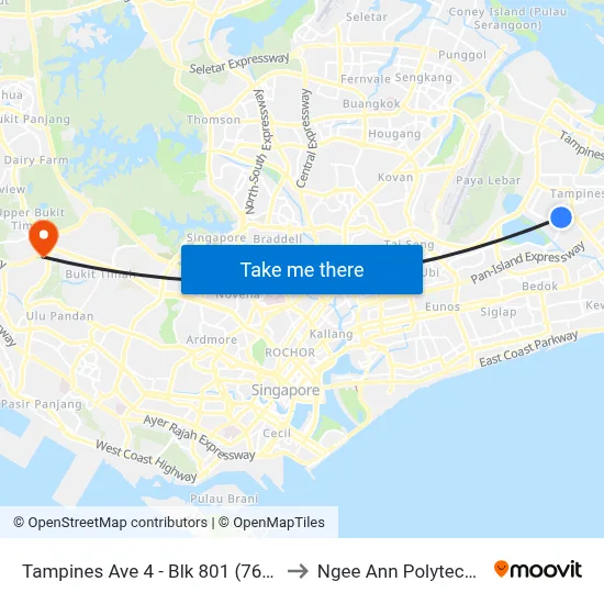 Tampines Ave 4 - Blk 801 (76289) to Ngee Ann Polytechnic map