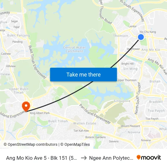 Ang Mo Kio Ave 5 - Blk 151 (54459) to Ngee Ann Polytechnic map