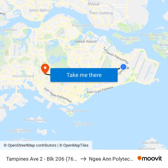 Tampines Ave 2 - Blk 206 (76091) to Ngee Ann Polytechnic map