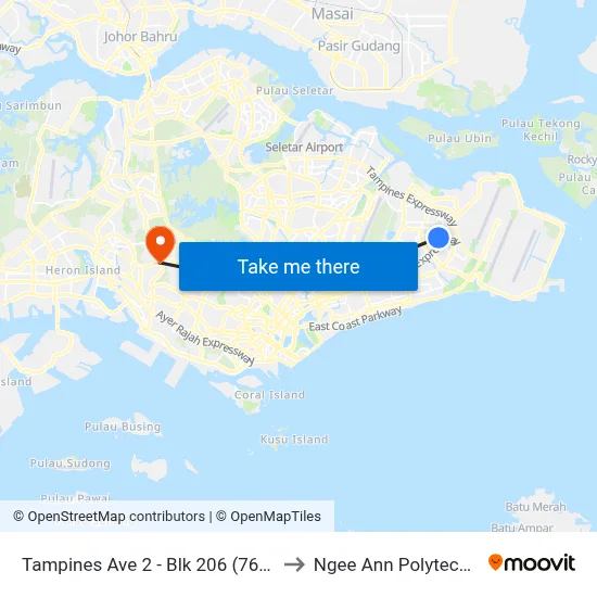 Tampines Ave 2 - Blk 206 (76091) to Ngee Ann Polytechnic map