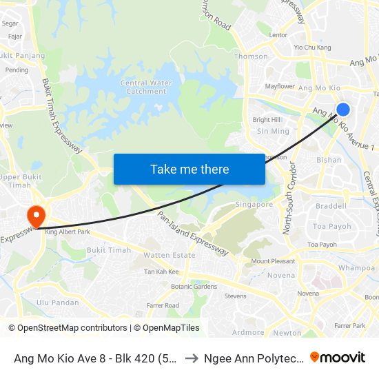 Ang Mo Kio Ave 8 - Blk 420 (54329) to Ngee Ann Polytechnic map