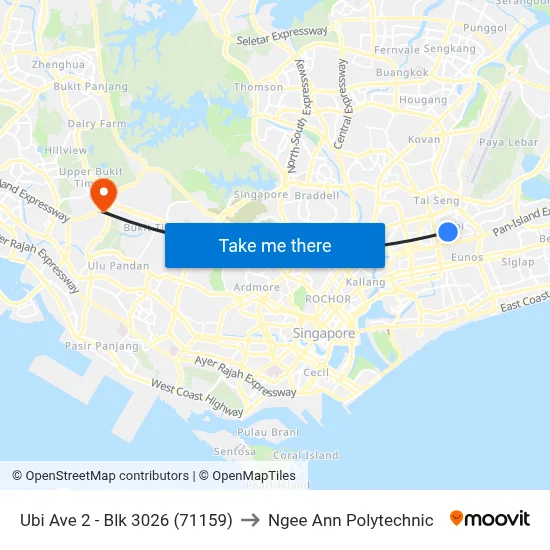 Ubi Ave 2 - Blk 3026 (71159) to Ngee Ann Polytechnic map