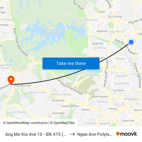 Ang Mo Kio Ave 10 - Blk 475 (54379) to Ngee Ann Polytechnic map
