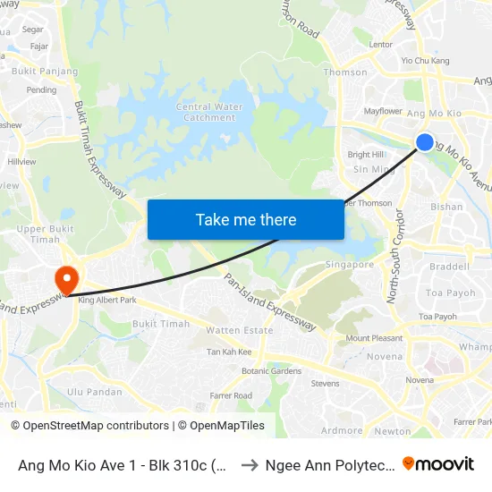 Ang Mo Kio Ave 1 - Blk 310c (54071) to Ngee Ann Polytechnic map
