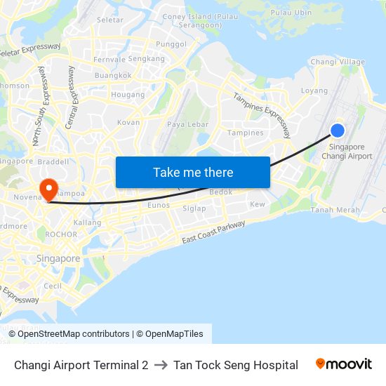 Changi Airport Terminal 2 to Tan Tock Seng Hospital map