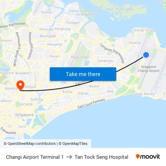 Changi Airport Terminal 1 to Tan Tock Seng Hospital map