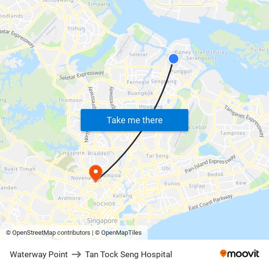 Waterway Point to Tan Tock Seng Hospital map