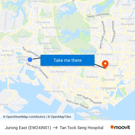Jurong East (EW24|NS1) to Tan Tock Seng Hospital map