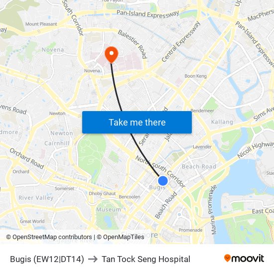 Bugis (EW12|DT14) to Tan Tock Seng Hospital map