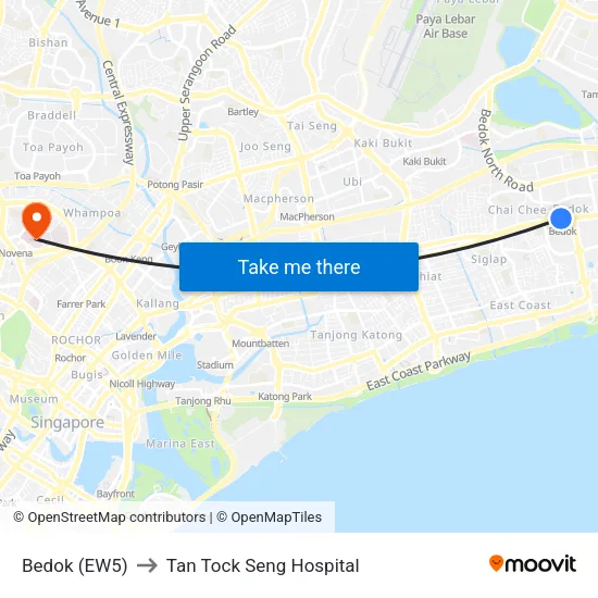 Bedok (EW5) to Tan Tock Seng Hospital map