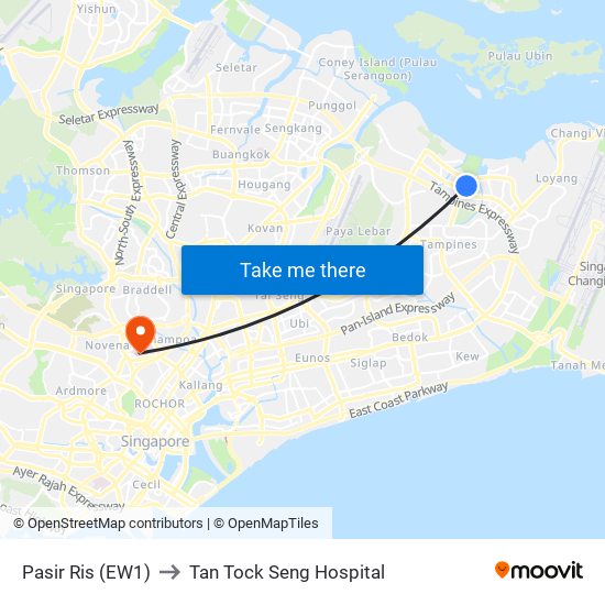 Pasir Ris (EW1) to Tan Tock Seng Hospital map