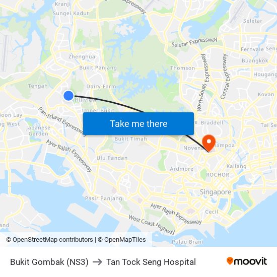 Bukit Gombak (NS3) to Tan Tock Seng Hospital map