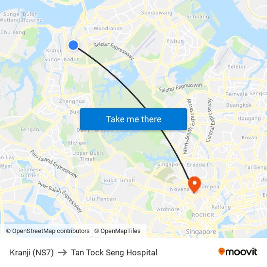 Kranji (NS7) to Tan Tock Seng Hospital map