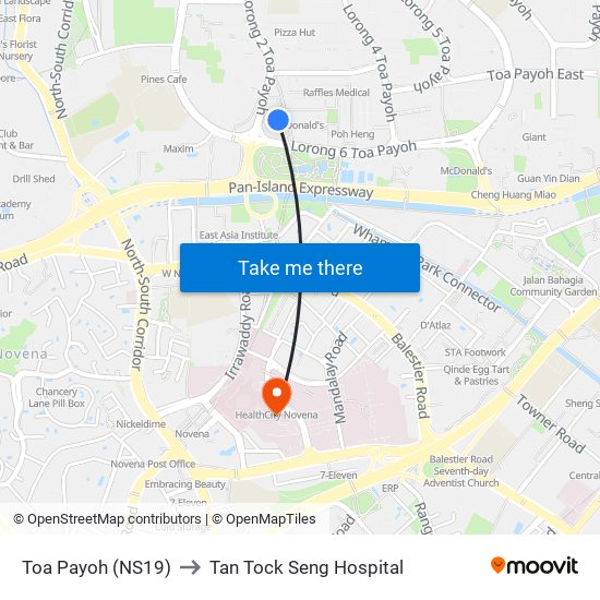 Toa Payoh (NS19) to Tan Tock Seng Hospital map