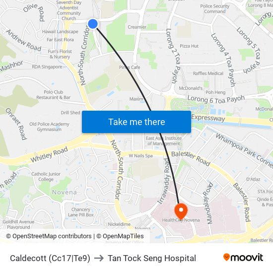 Caldecott (Cc17|Te9) to Tan Tock Seng Hospital map