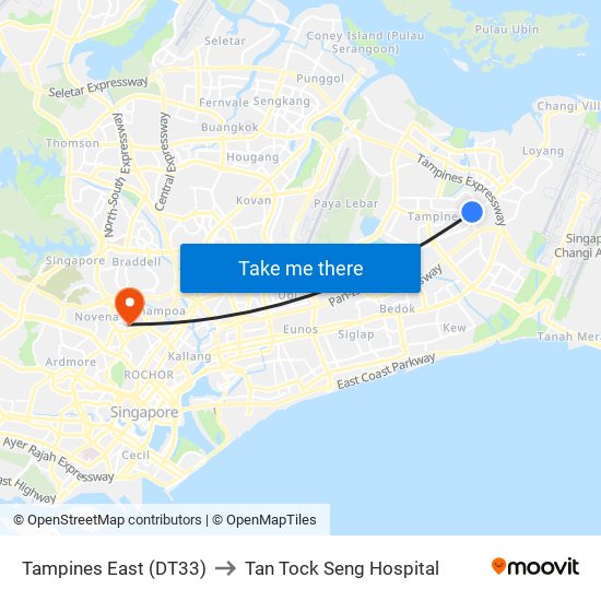 Tampines East (DT33) to Tan Tock Seng Hospital map