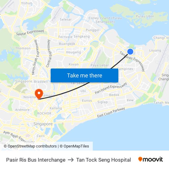 Pasir Ris Bus Interchange to Tan Tock Seng Hospital map