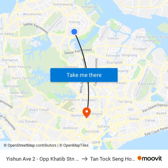 Yishun Ave 2 - Opp Khatib Stn (59049) to Tan Tock Seng Hospital map