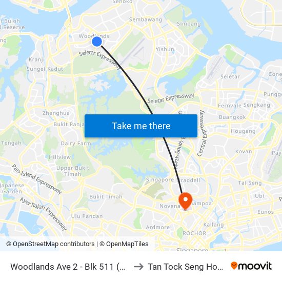 Woodlands Ave 2 - Blk 511 (46331) to Tan Tock Seng Hospital map