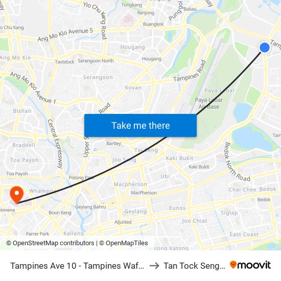 Tampines Ave 10 - Tampines Wafer Fab Pk (75351) to Tan Tock Seng Hospital map