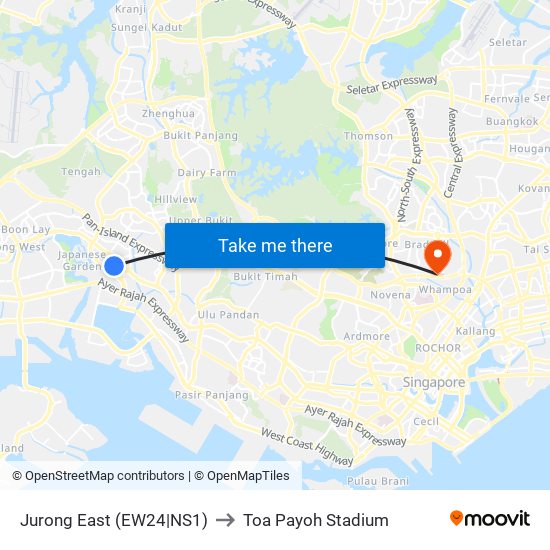 Jurong East (EW24|NS1) to Toa Payoh Stadium map
