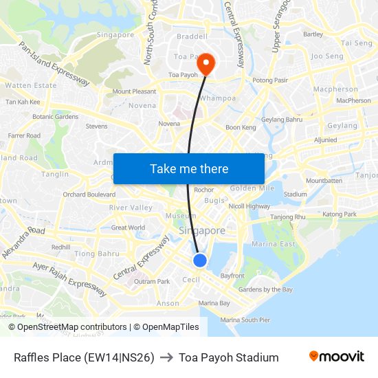 Raffles Place (EW14|NS26) to Toa Payoh Stadium map