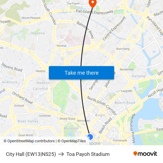 City Hall (EW13|NS25) to Toa Payoh Stadium map