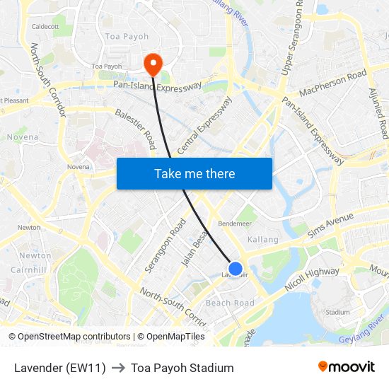 Lavender (EW11) to Toa Payoh Stadium map