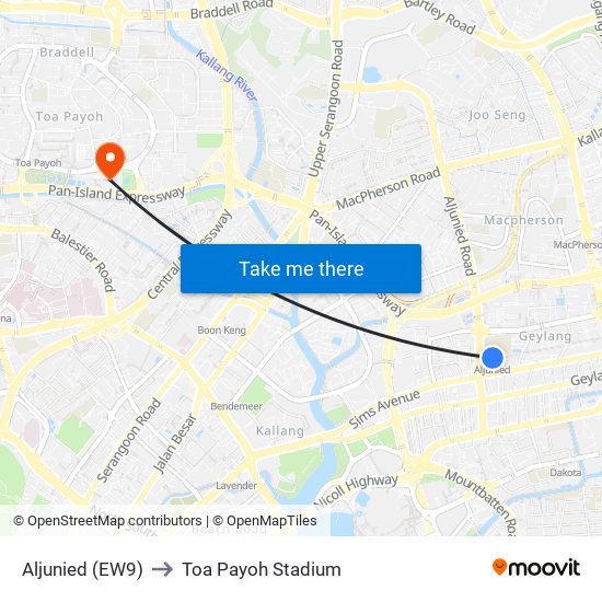 Aljunied (EW9) to Toa Payoh Stadium map