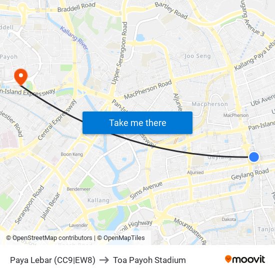 Paya Lebar (CC9|EW8) to Toa Payoh Stadium map