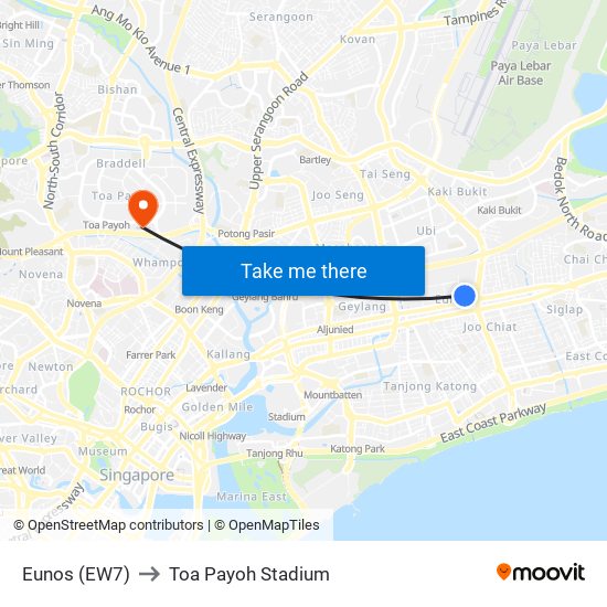 Eunos (EW7) to Toa Payoh Stadium map