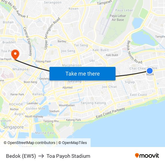 Bedok (EW5) to Toa Payoh Stadium map