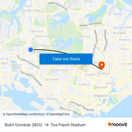 Bukit Gombak (NS3) to Toa Payoh Stadium map