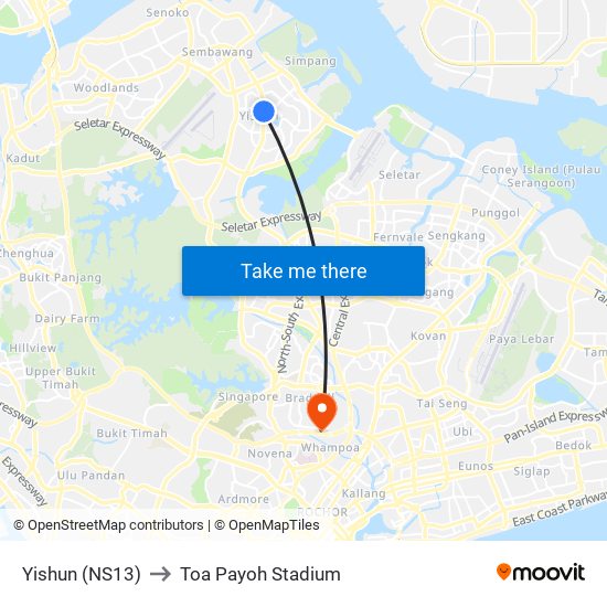 Yishun (NS13) to Toa Payoh Stadium map