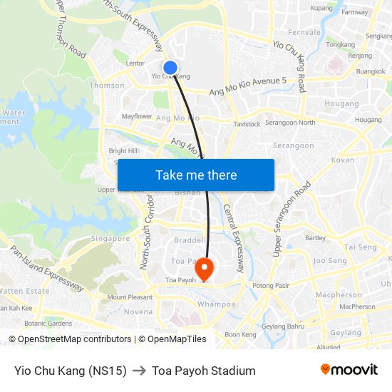 Yio Chu Kang (NS15) to Toa Payoh Stadium map