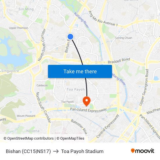 Bishan (CC15|NS17) to Toa Payoh Stadium map