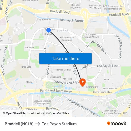 Braddell (NS18) to Toa Payoh Stadium map